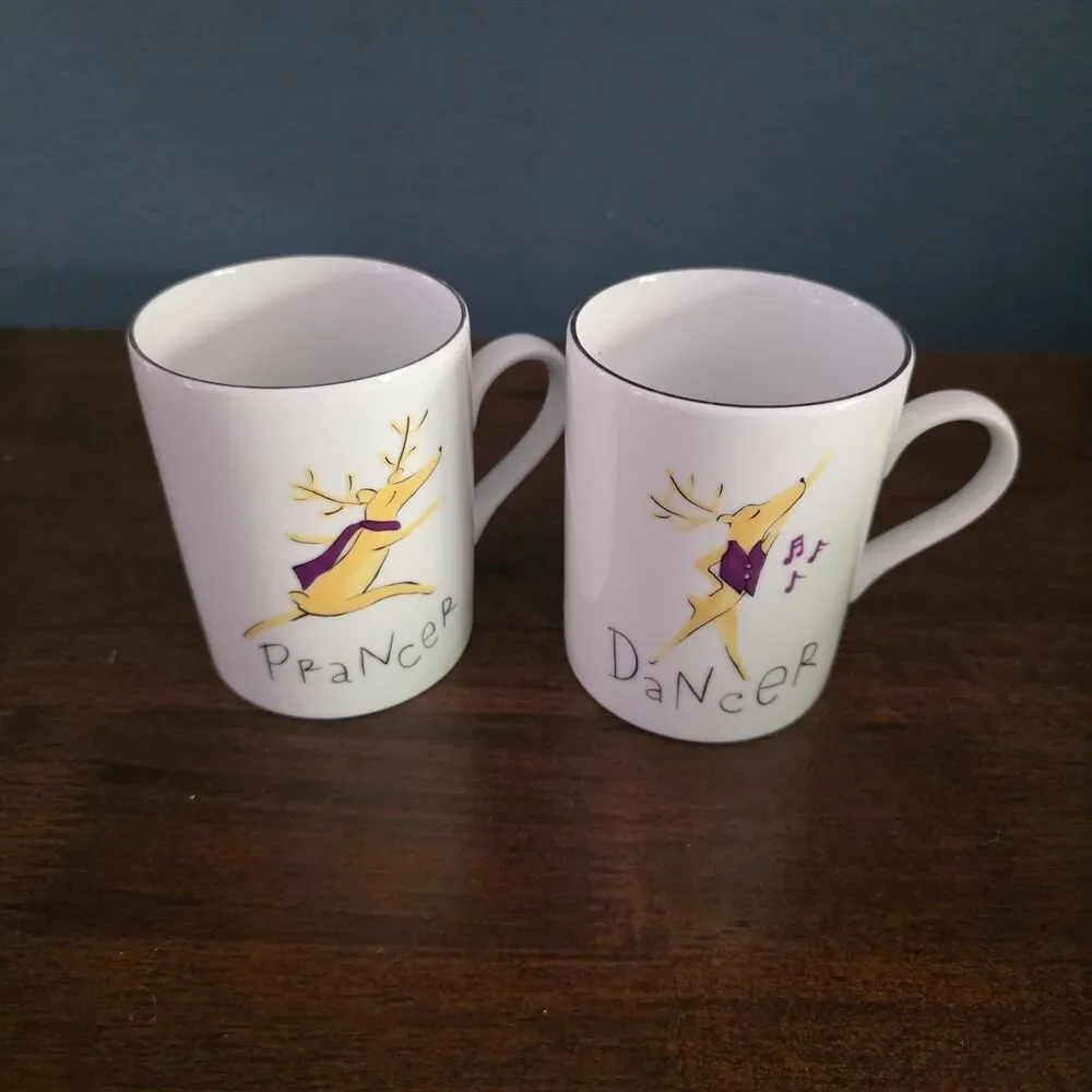 Vintage 2 Pottery Barn Christmas Reindeer Mugs Dancer Prancer w/Silver Rims